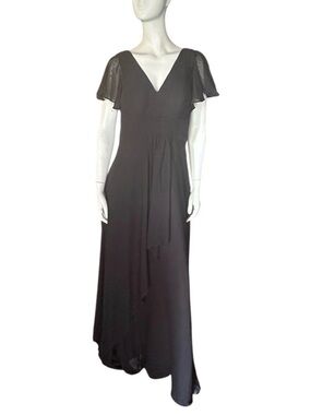 Inewer V-Neck Flutter Sleeve Chiffon Drape Formal Dress Black Size 12 NWT